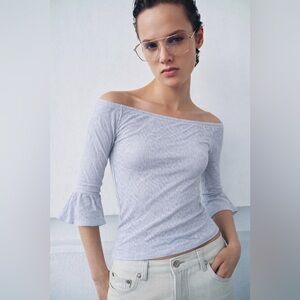 Dynamite Light Blue Ribbed Off The Shoulder Top